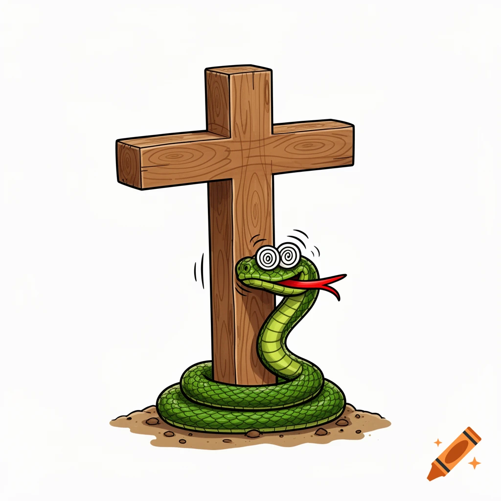 A cartoon green snake with spiral eyes and a red tongue is crushed by the base of a wooden cross on dirt.