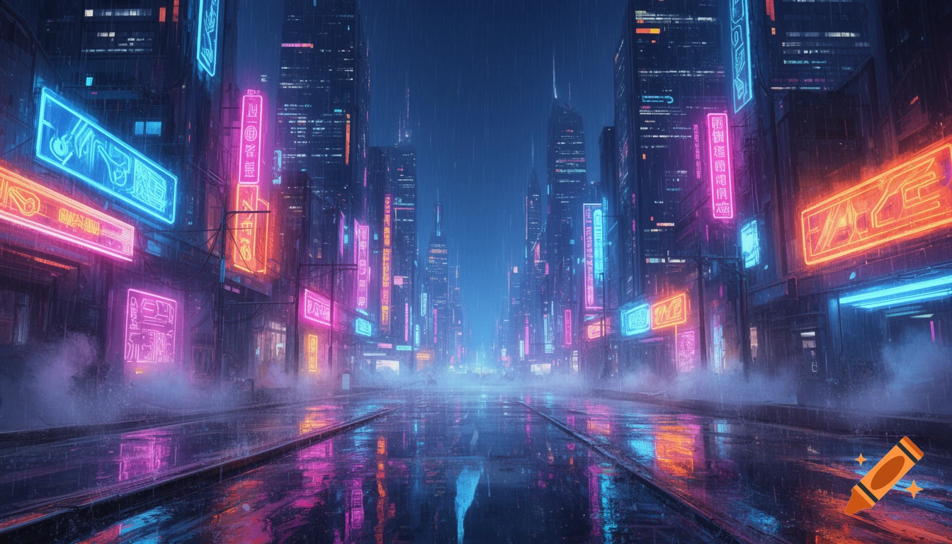A rainy cyberpunk city street at night, illuminated by numerous neon signs reflecting on the wet asphalt, framed by towering futuristic buildings.