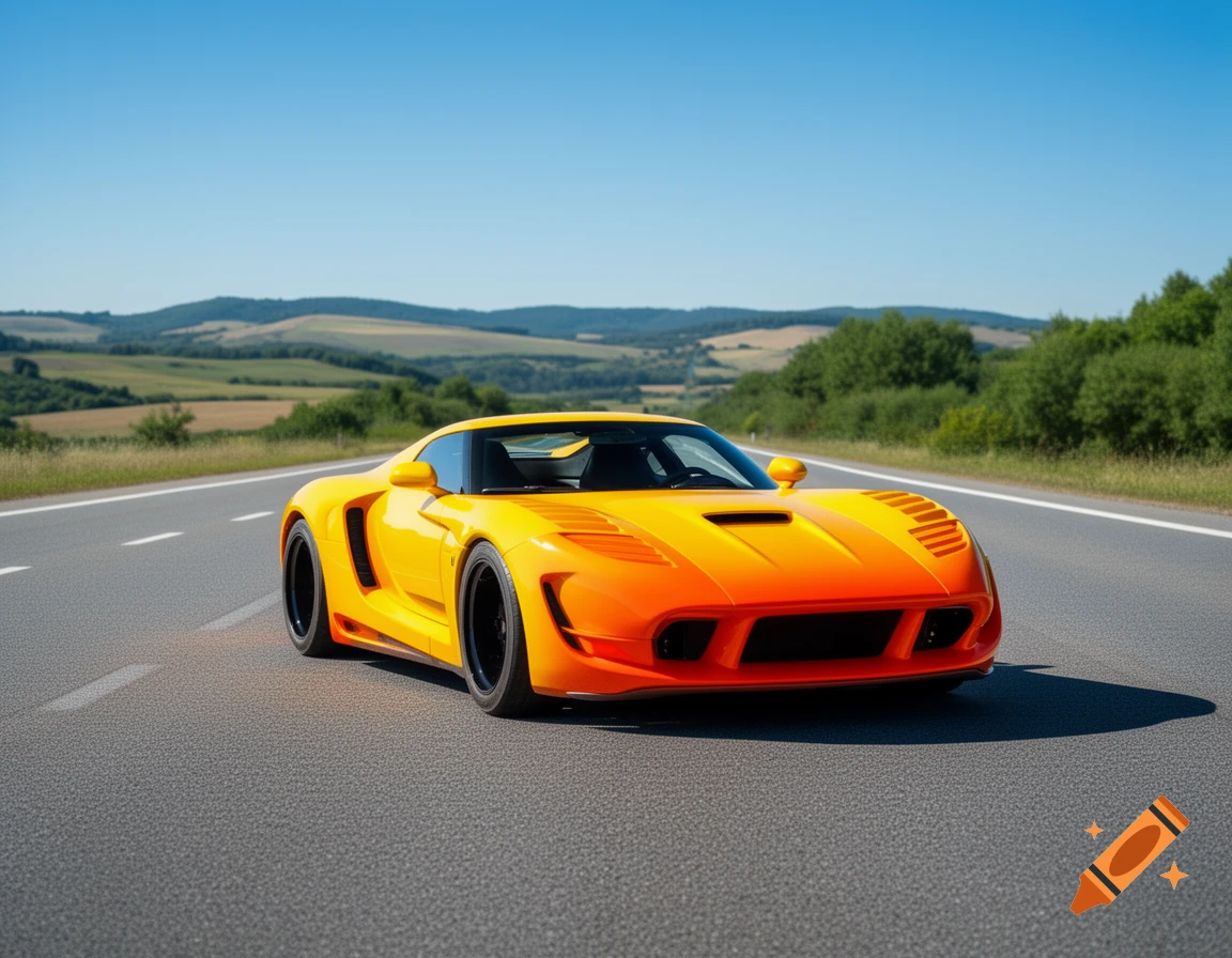 A sleek yellow and orange sports car drives on an empty asphalt road with green hills under a clear blue sky.