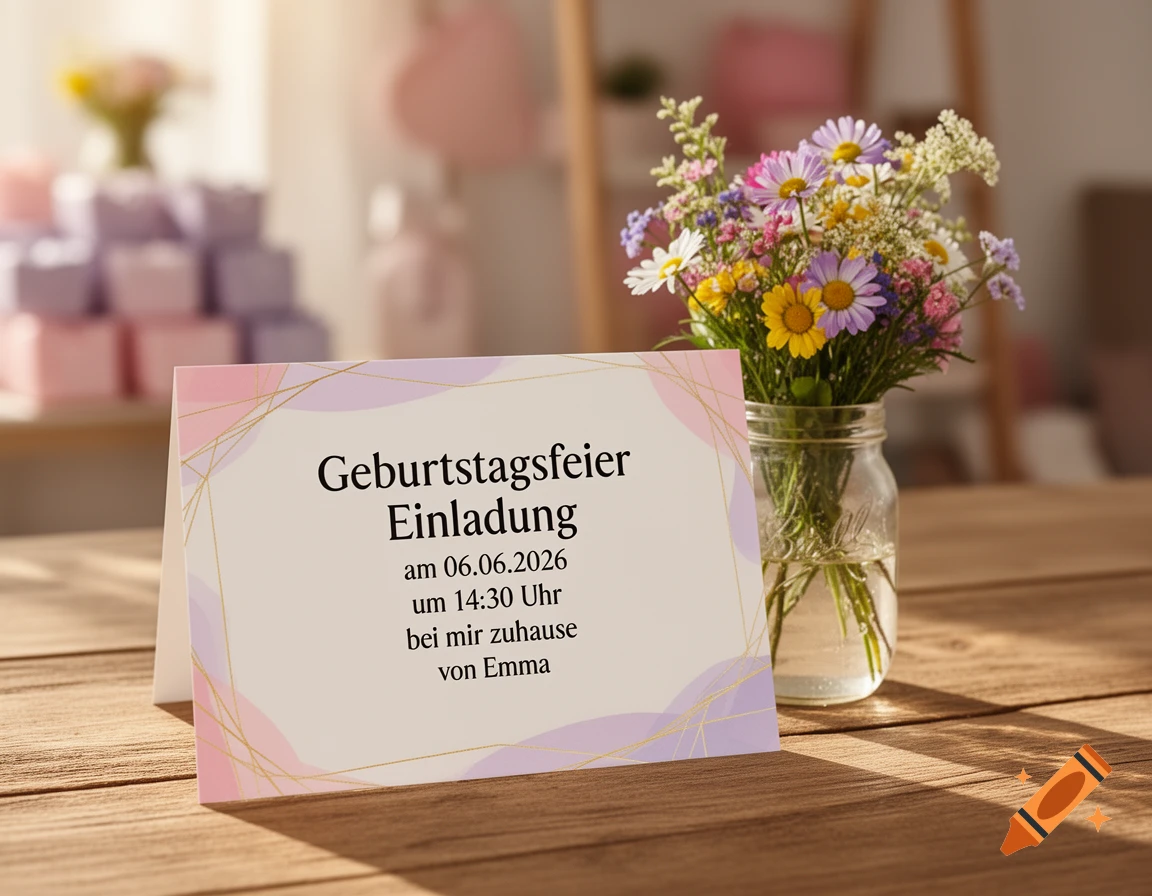 A birthday invitation card with German text on a wooden table, next to a glass vase with wildflowers and blurred gift boxes in the background.