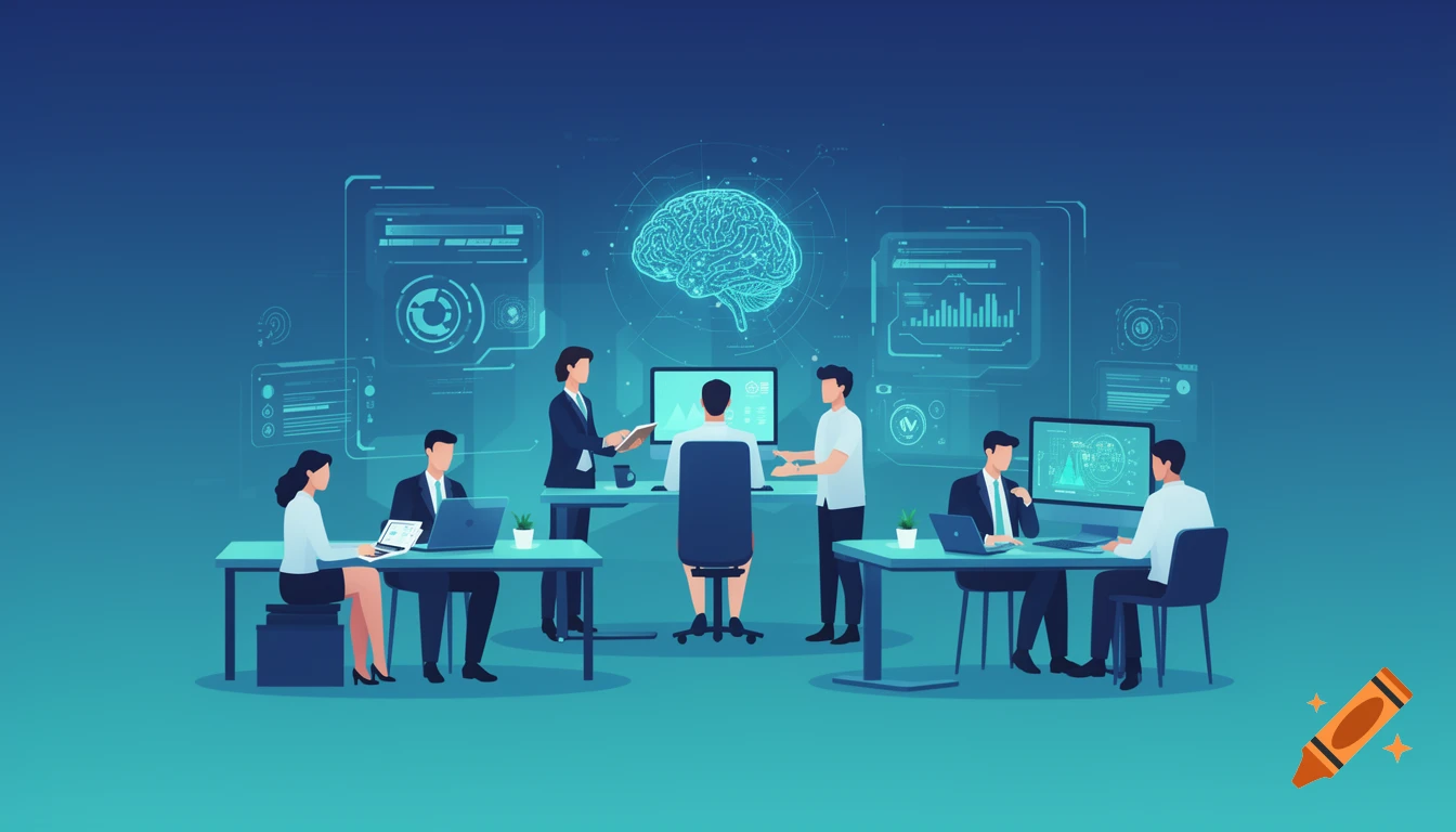 Illustration of professionals in a modern blue workspace with computers, a glowing brain graphic, and digital interface elements.
