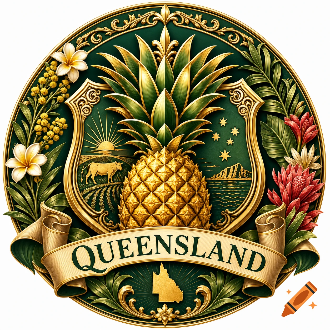 An ornate gold and green emblem with a central pineapple, tropical flowers, and a banner inscribed 'QUEENSLAND'.