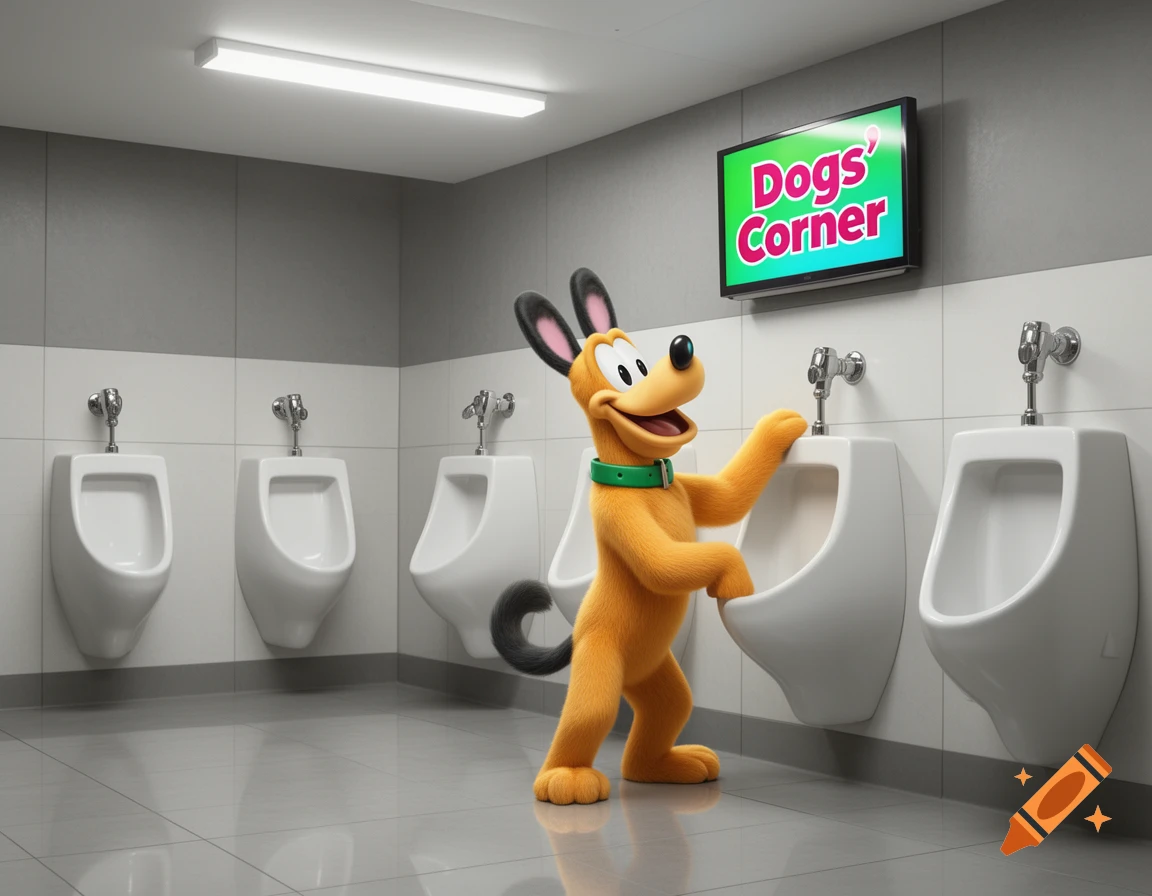 Cartoon dog Pluto stands by a urinal in a brightly lit men's bathroom, with 'Dogs' Corner' on a TV screen.