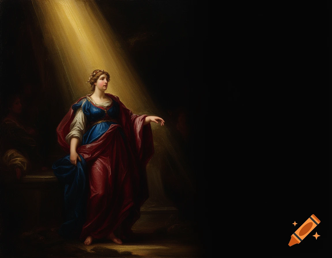 Classical painting of a woman in red and blue robes, standing in dramatic golden light against a dark background, looking upwards.