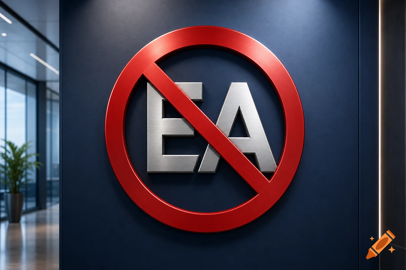Red prohibition sign over brushed metallic letters 'EA' on a dark blue wall in a modern office.