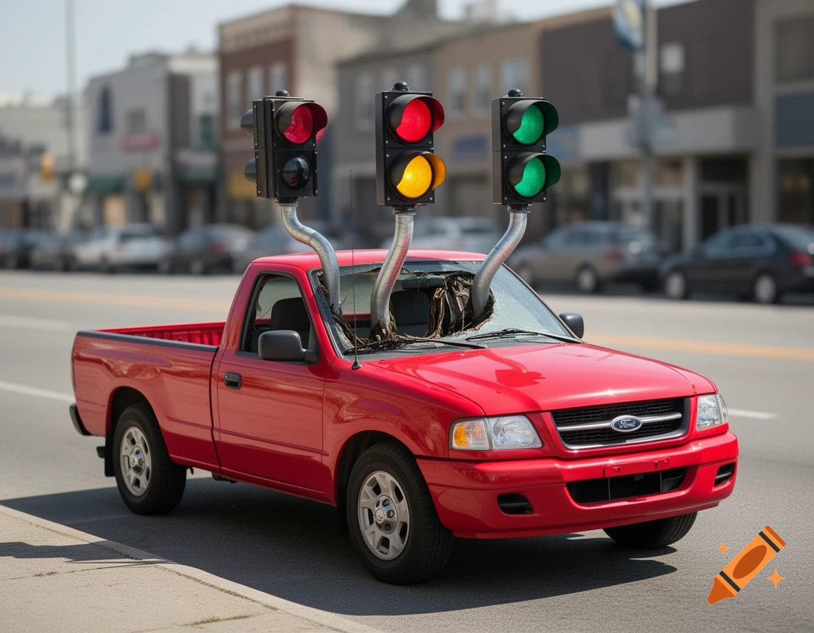 A red Ford pickup truck with three traffic lights growing out of its shattered windshield, parked on a city street.