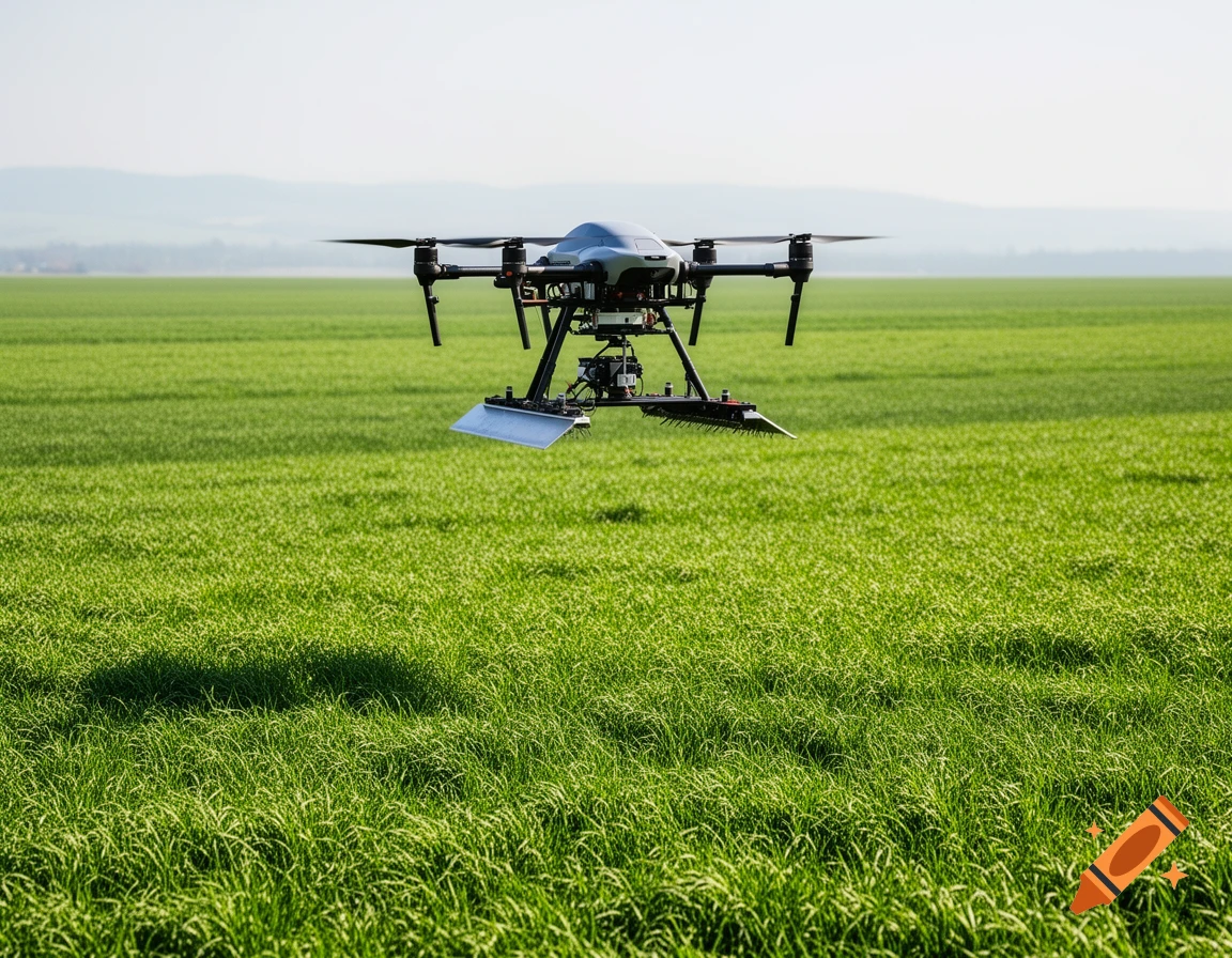 A drone with an attachment flies low over a vibrant green field under a clear sky, casting a shadow.