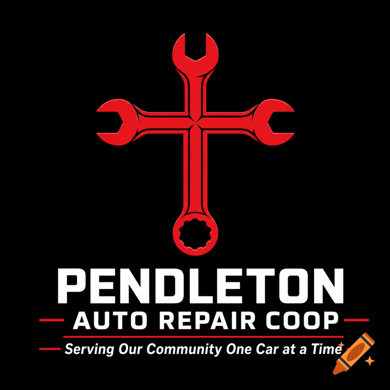Minimalist logo of red wrenches forming a cross on black, with 'Pendleton Auto Repair Coop' text.