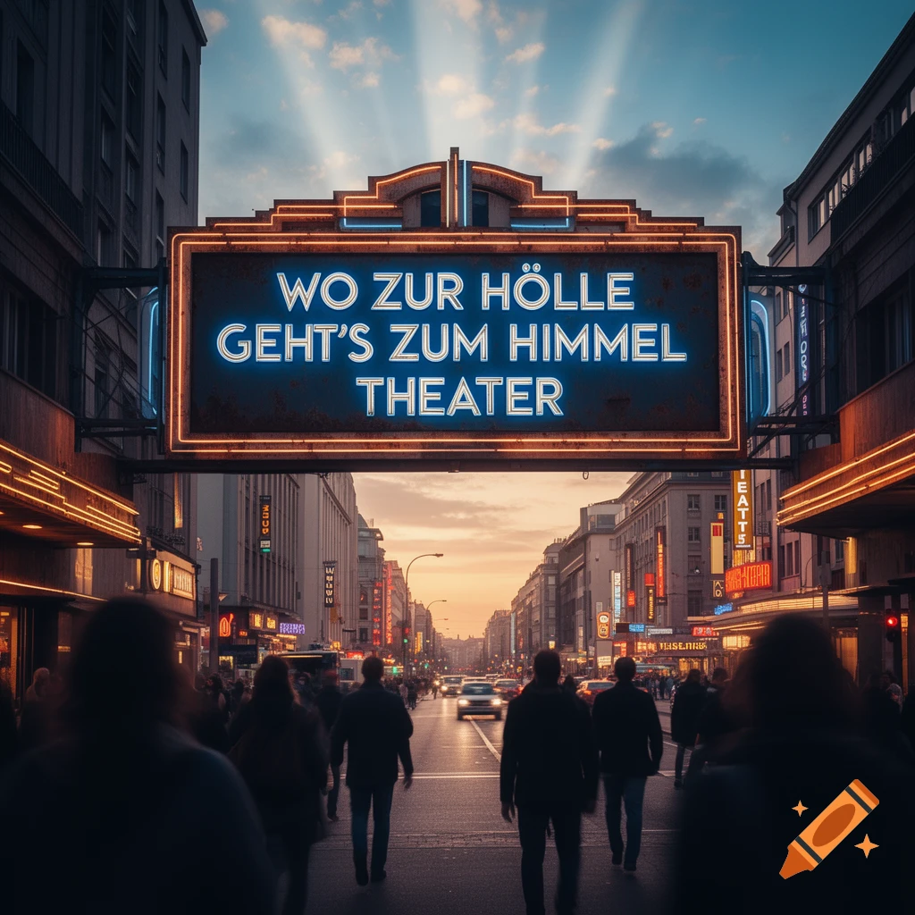 Photorealistic view of a bustling city street at dusk with a large neon sign displaying "WO ZUR HÖLLE GEHT'S ZUM HIMMEL THEATER" above pedestrians and traffic.