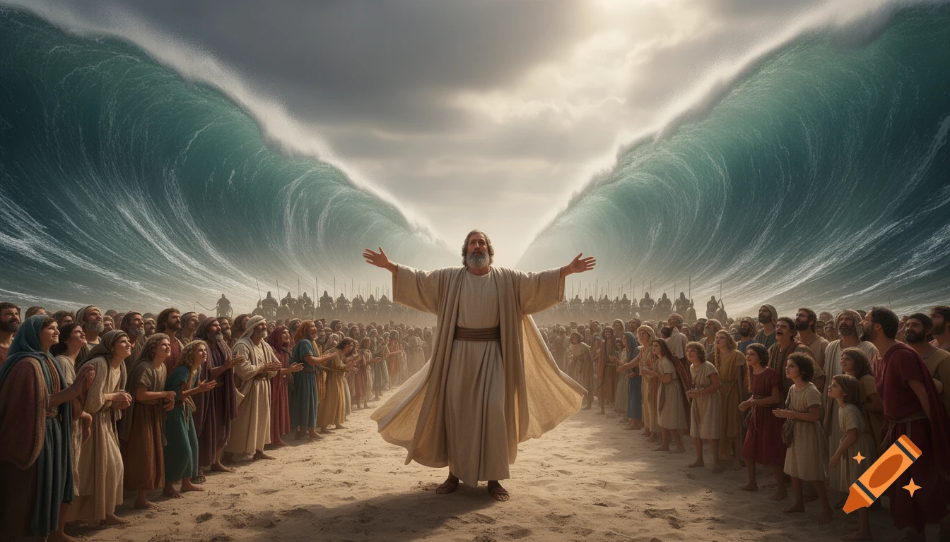 Moses stands on a sandy seabed, arms outstretched, parting the Red Sea into two towering walls of water with awe-struck crowds and a distant army.
