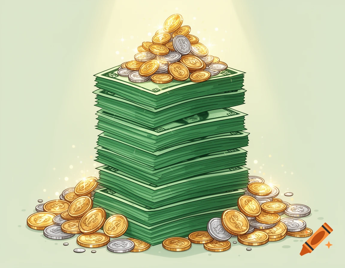 A towering stack of green banknotes and piles of gleaming gold and silver coins, rendered in a slightly cartoonish style.