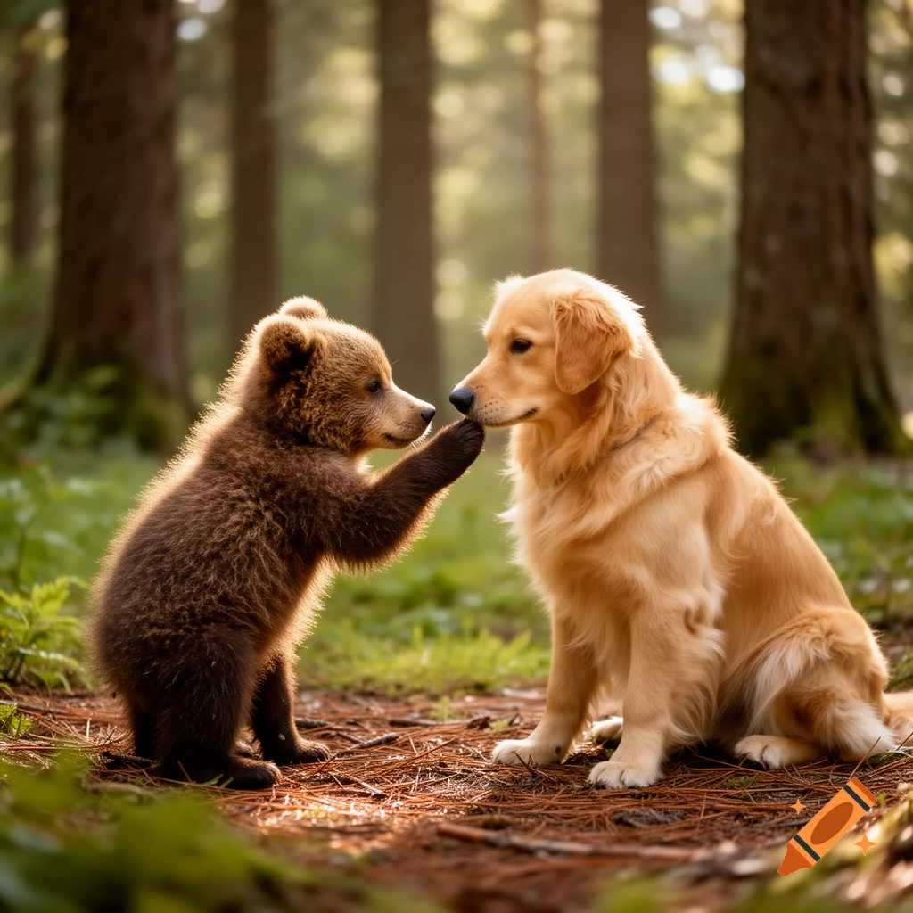 A cute bear cub touches a golden retriever's nose with its paw in a sunny forest, photorealistic.