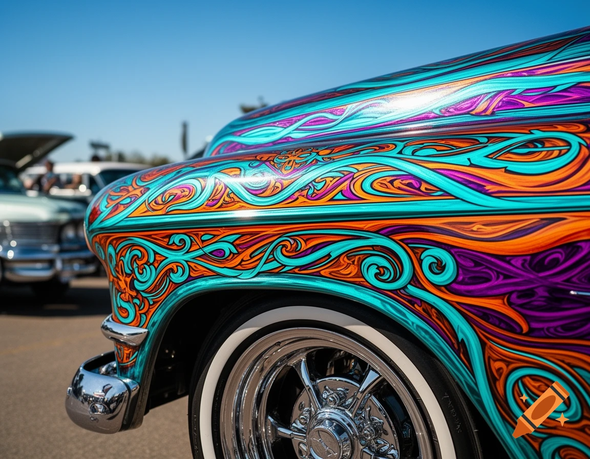 Close-up of a vintage car fender with vibrant teal, orange, and purple swirling custom lowrider paint, showing a chrome wheel and whitewall tire.