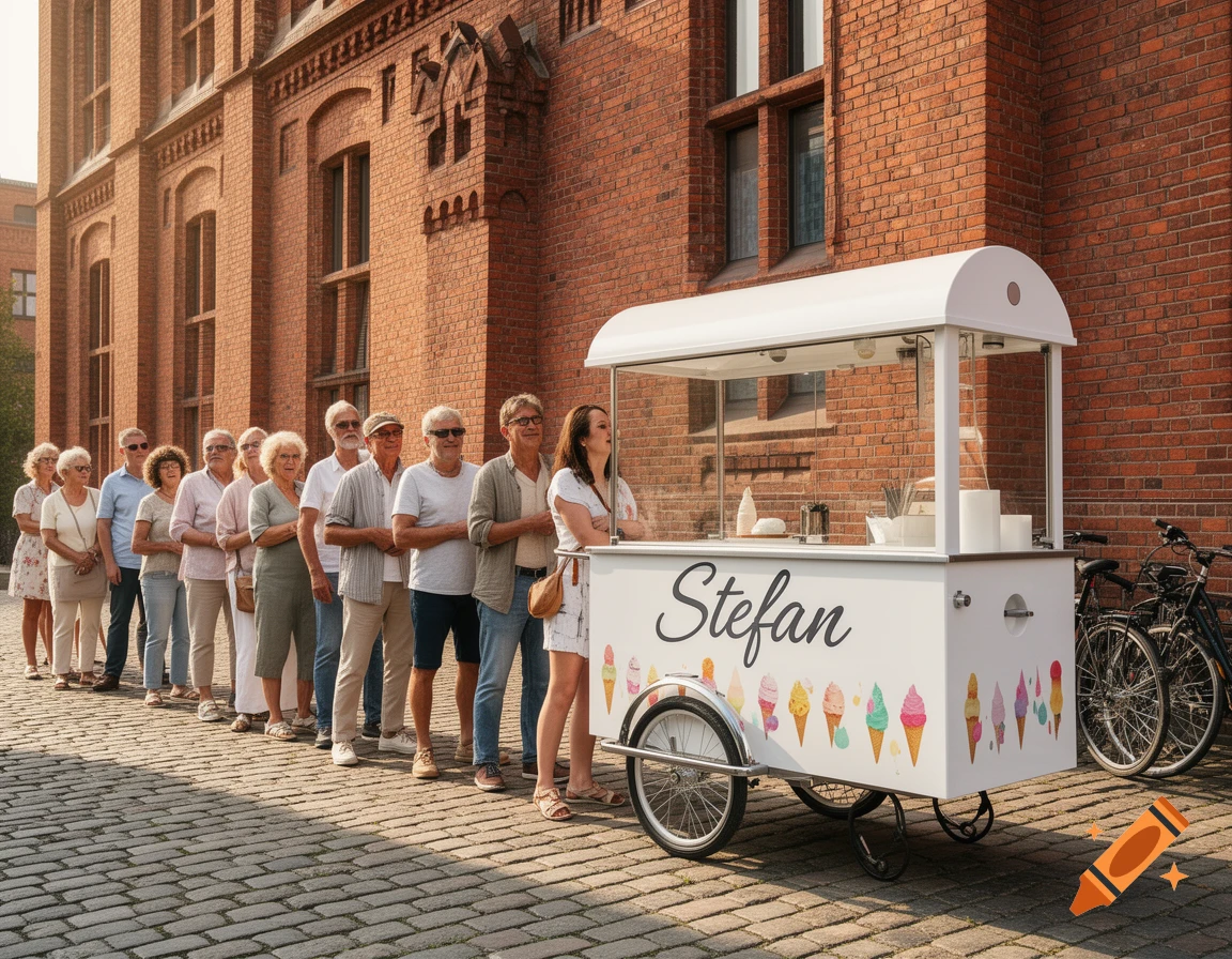 People queueing at a white ice cream cart named 'Stefan' in front of a red brick building on a cobblestone street.
