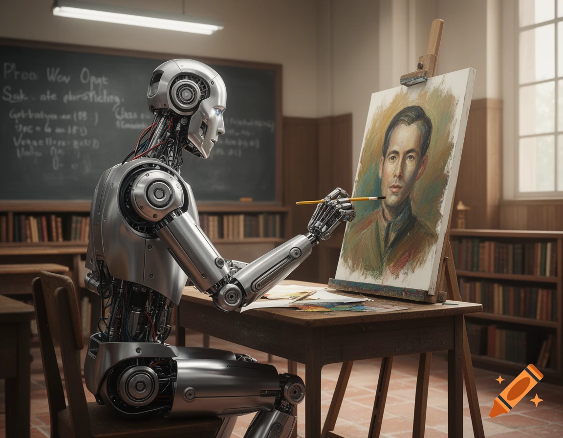 Photorealistic image of a chrome robot sitting at a desk in a classroom, painting a portrait on an easel.
