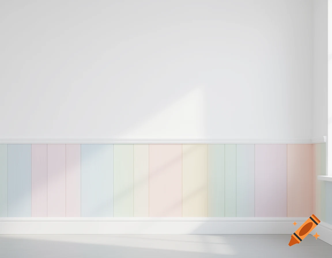 An empty room with white walls, soft light, and pastel rainbow wainscoting.