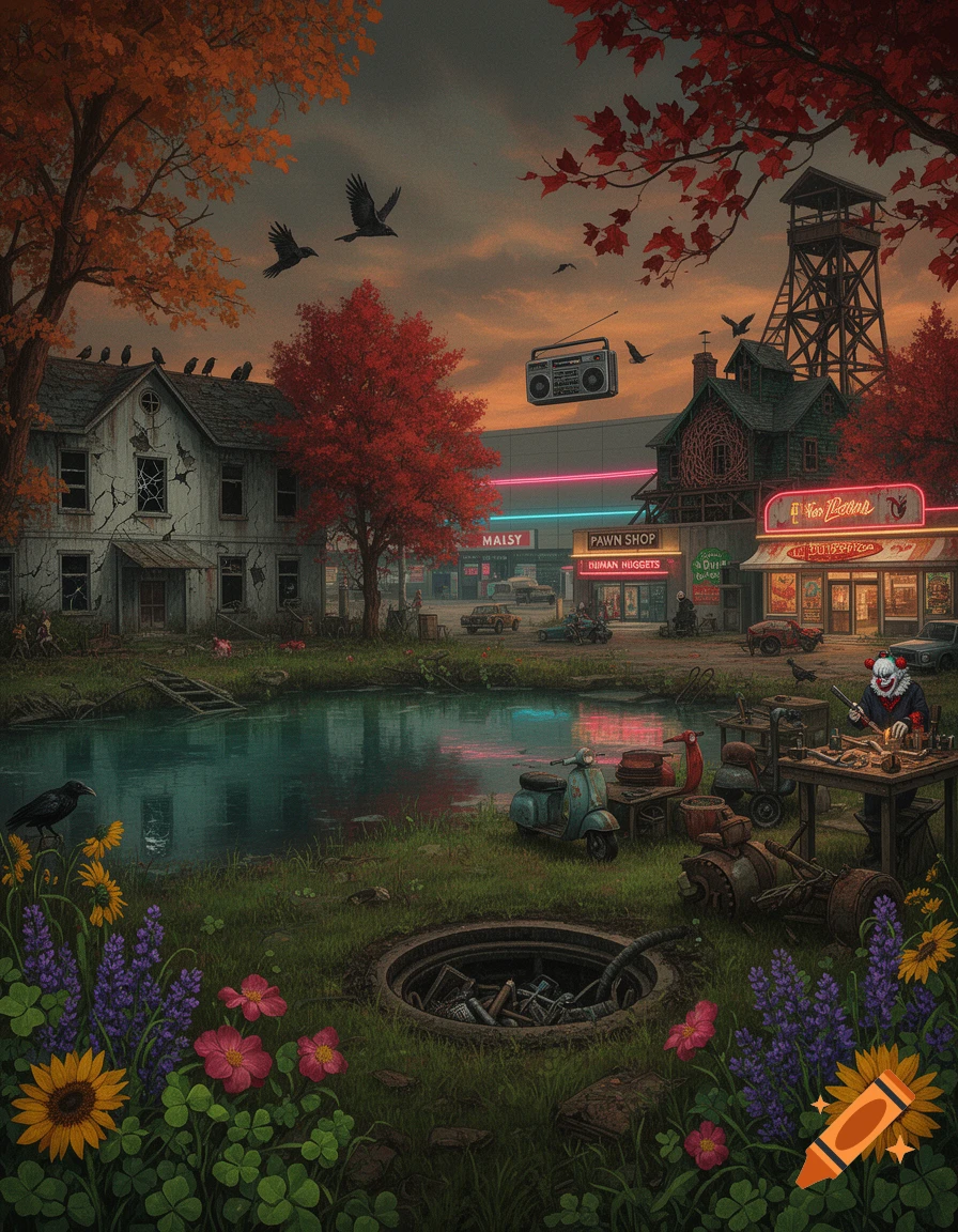 An eerie autumn landscape with a clown working on a table near a pond, abandoned buildings, and neon-lit shops under a dusky sky.