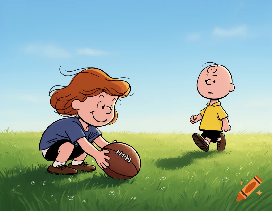 Lucy holds a football while Charlie Brown walks away in a sunny cartoon field.