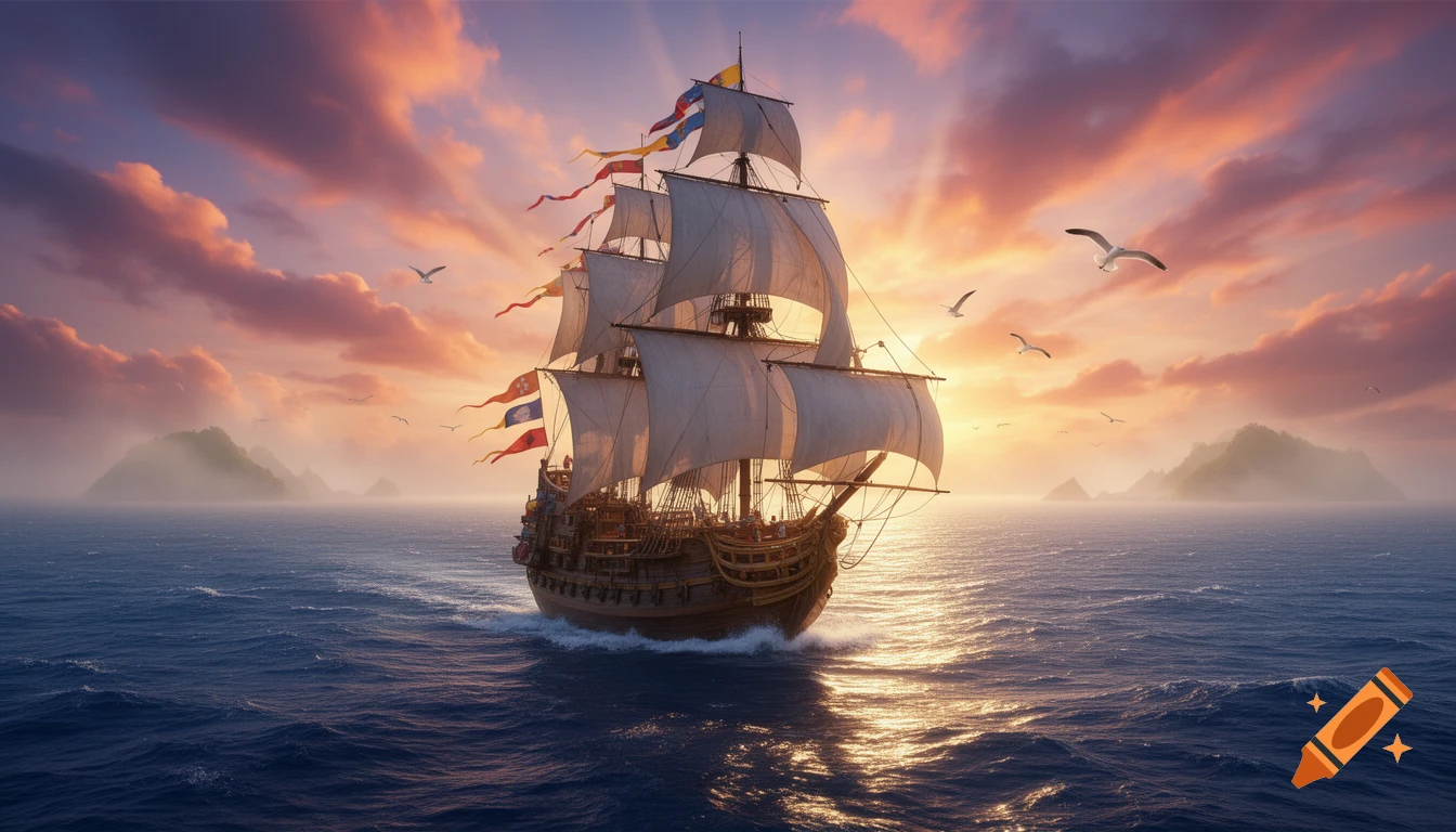 A majestic sailing ship with white sails and colorful flags sails on a deep blue ocean at a vibrant sunset, with seagulls and misty islands.