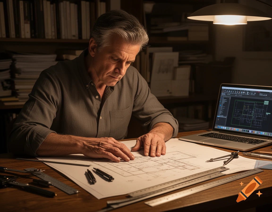 A gray-haired man reviews architectural blueprints at a desk with a laptop displaying CAD software and drafting tools.