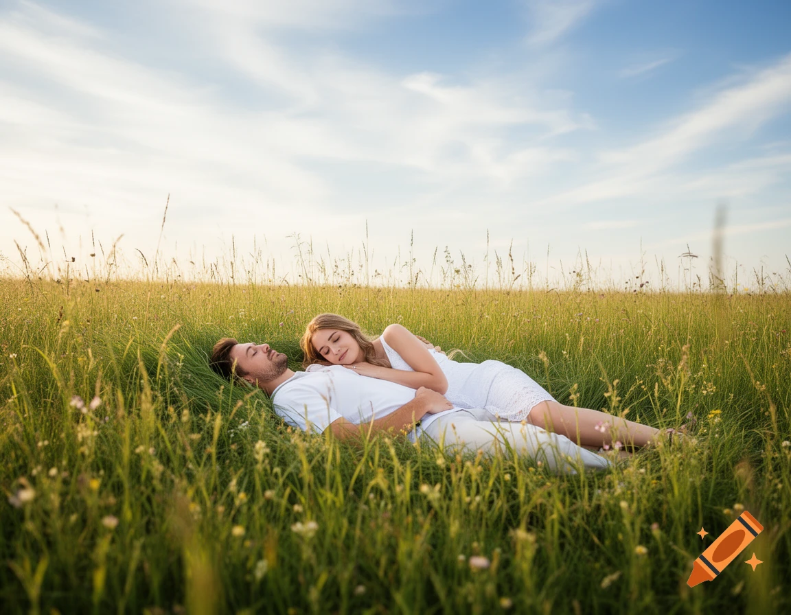 A man and woman lie snuggled together in a field of tall green grass under a blue sky, appearing peaceful.