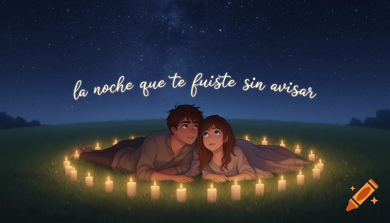 Anime illustration of a couple lying in a candlelit field at night, gazing at stars, with text 'la noche que te fuiste sin avisar'.