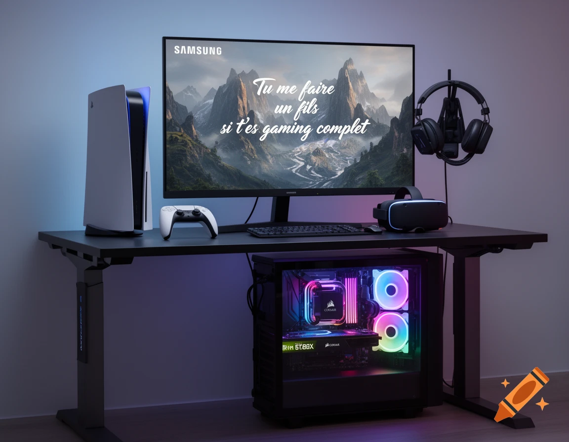 A modern gaming setup featuring a white PS5, a Samsung monitor displaying a mountain landscape with French text, a VR headset, headphones, and a PC with RGB lighting under a black desk.