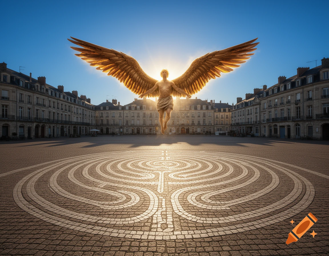 Photorealistic winged figure, Icarus, ascending towards the sun over a city square with a stone labyrinth.