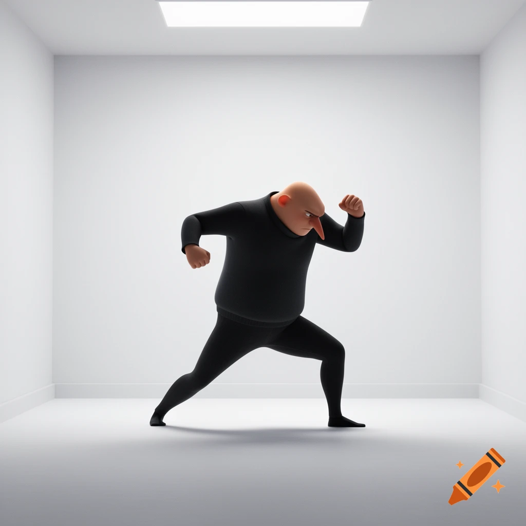 Gru, a bald cartoon character with a long nose, in a black outfit, strikes a fighting stance in a minimalist white room.