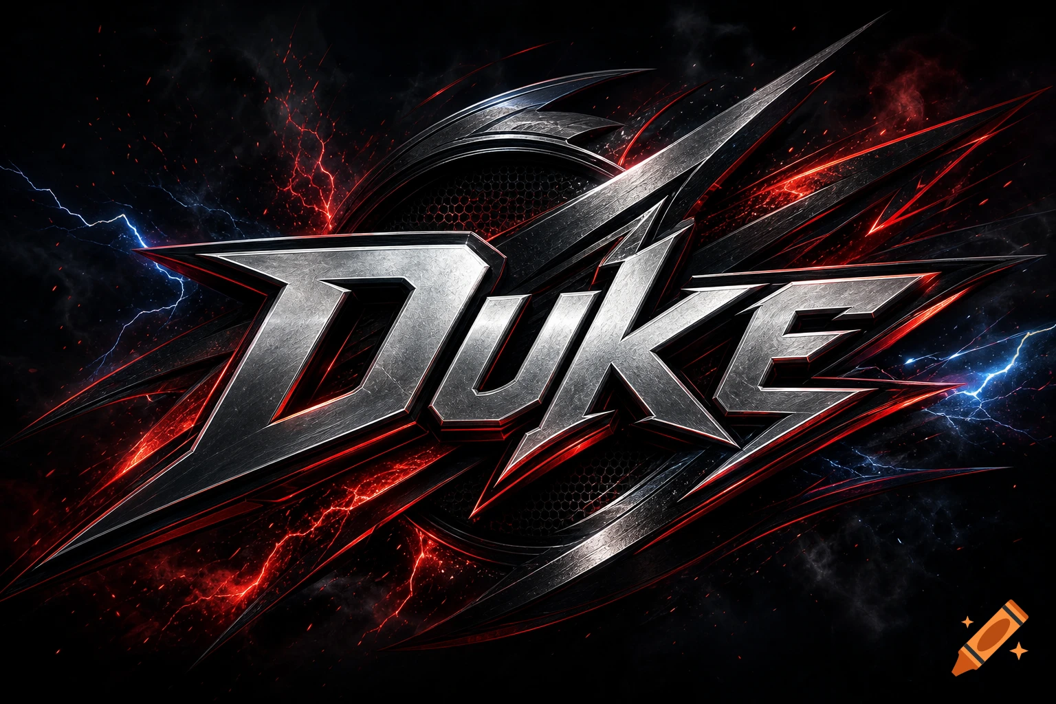 A silver metallic logo spelling "DUKE" with sharp, angular edges, glowing red and blue lightning, and a dark, smoky background.