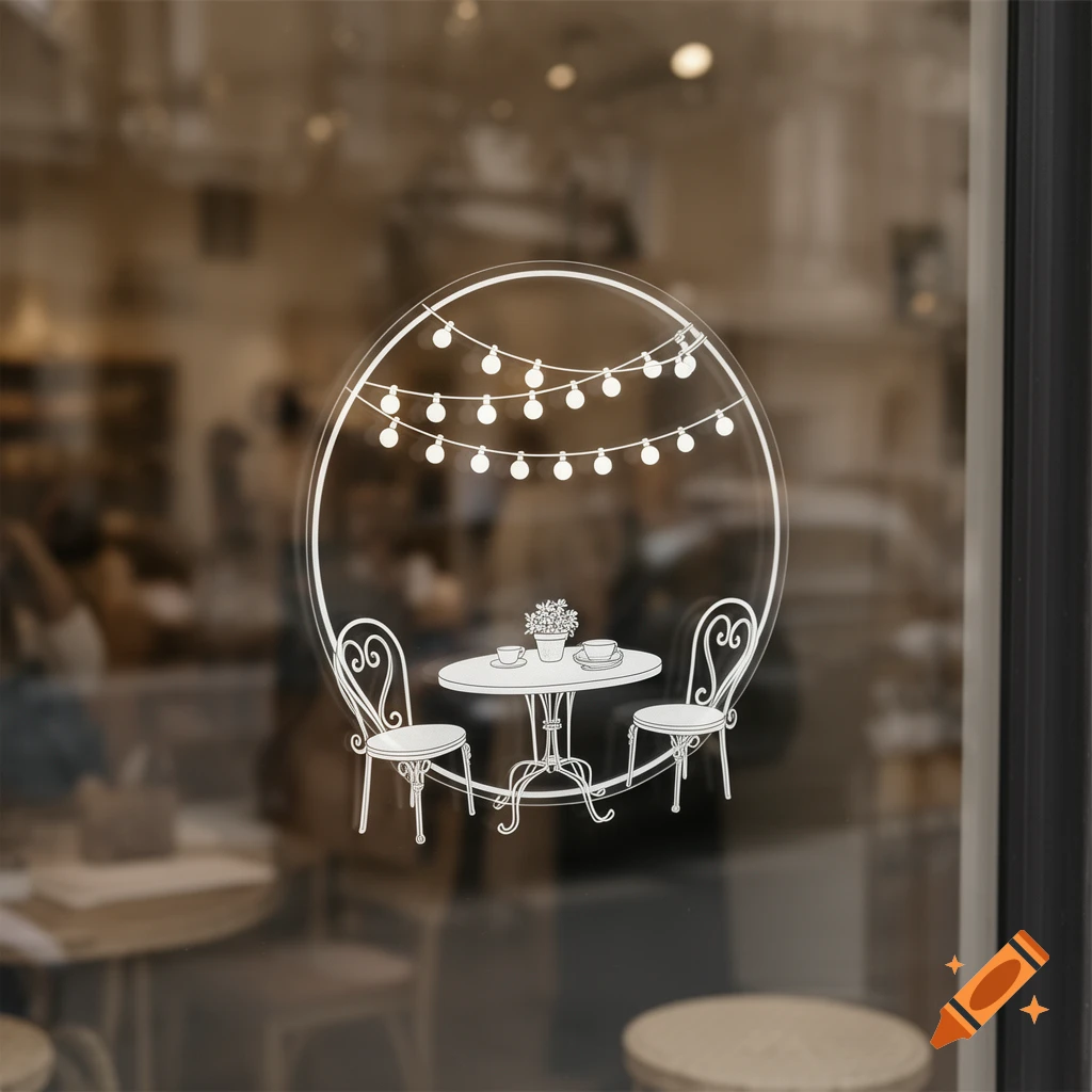A white outline drawing of a bistro table, chairs, and string lights as a window decal on a blurry cafe background.