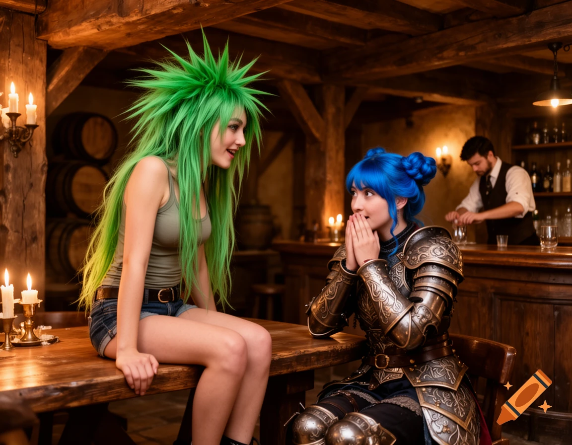 Two girls in a rustic tavern. One with spiky green hair and modern clothes sits on a table facing another in blue hair and fantasy armor.