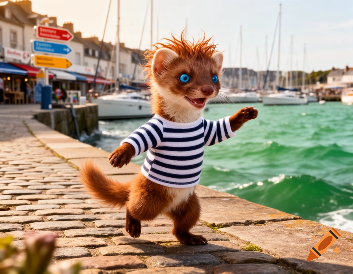 A happy anthropomorphic weasel with blue eyes and messy red hair, wearing a striped marinière shirt, dances on a cobblestone quay in a sunny French marina filled with sailboats.