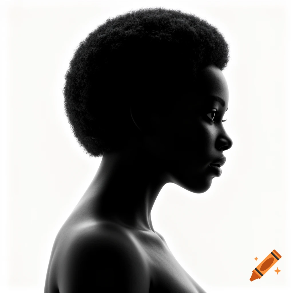 Dramatic black silhouette of a woman with an Afro hairstyle, facing right, against a stark white background.