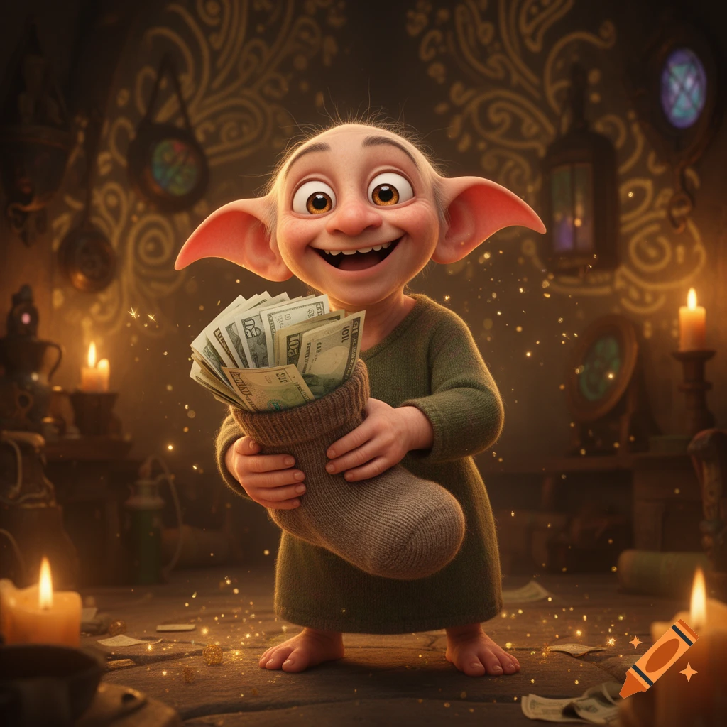 A cheerful house-elf in a magical room happily holds a sock overflowing with money in a 3D animation style.