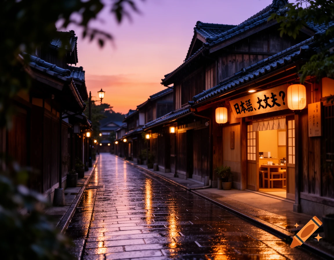 A traditional Japanese street with wooden buildings, glowing lanterns, and a wet paved road reflecting the warm sunset colors in the sky.