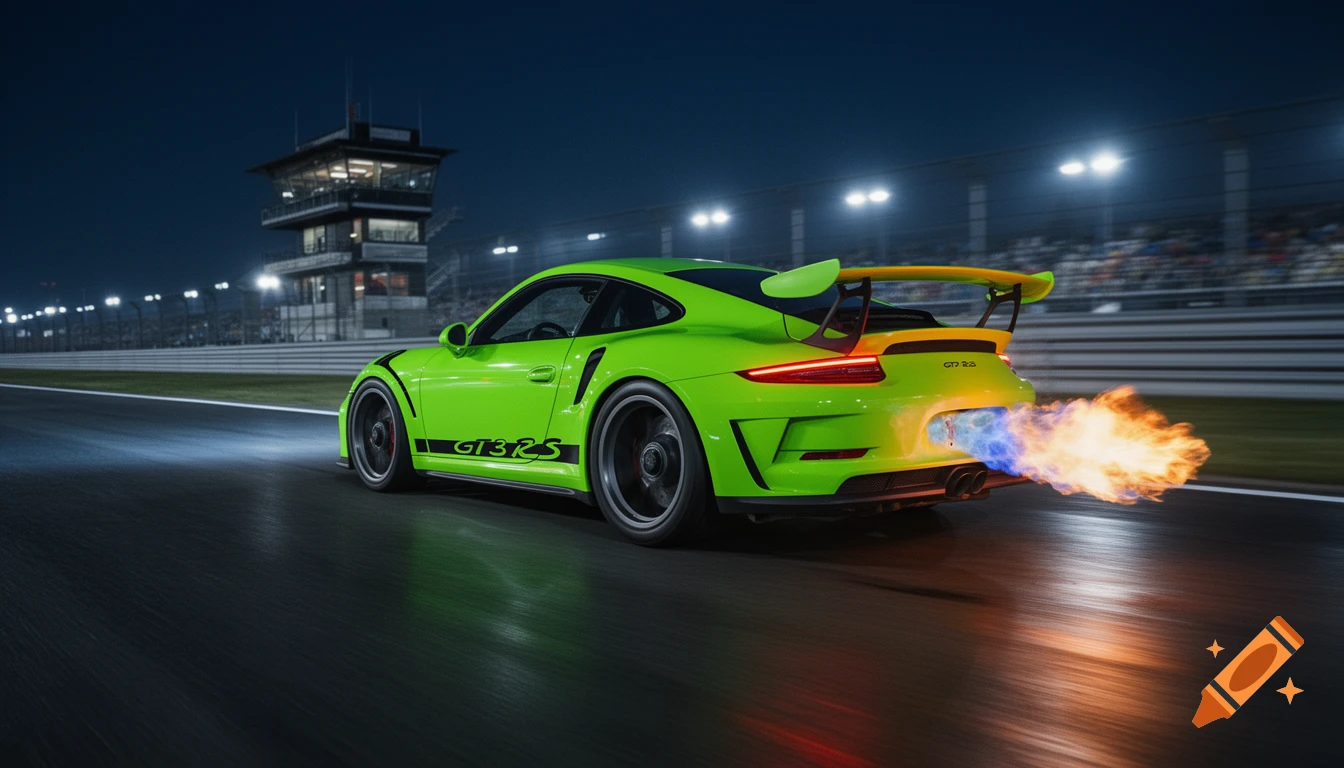 Lime green Porsche GT3 RS sports car shoots flames from its exhaust on a race track at night, with a control tower.