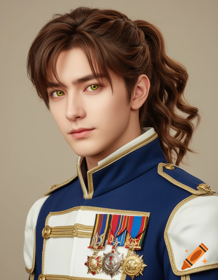 A photorealistic portrait of a young man with a brown wavy ponytail and bright green eyes, wearing a blue, white, and gold uniform with medals.