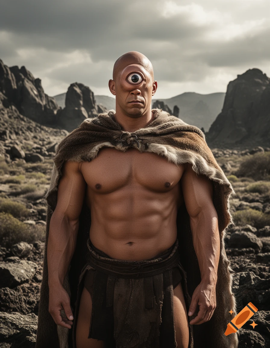 Photorealistic portrait of a bald, muscular cyclops resembling Vin Diesel, wearing a fur cape and loincloth, in a rocky landscape.