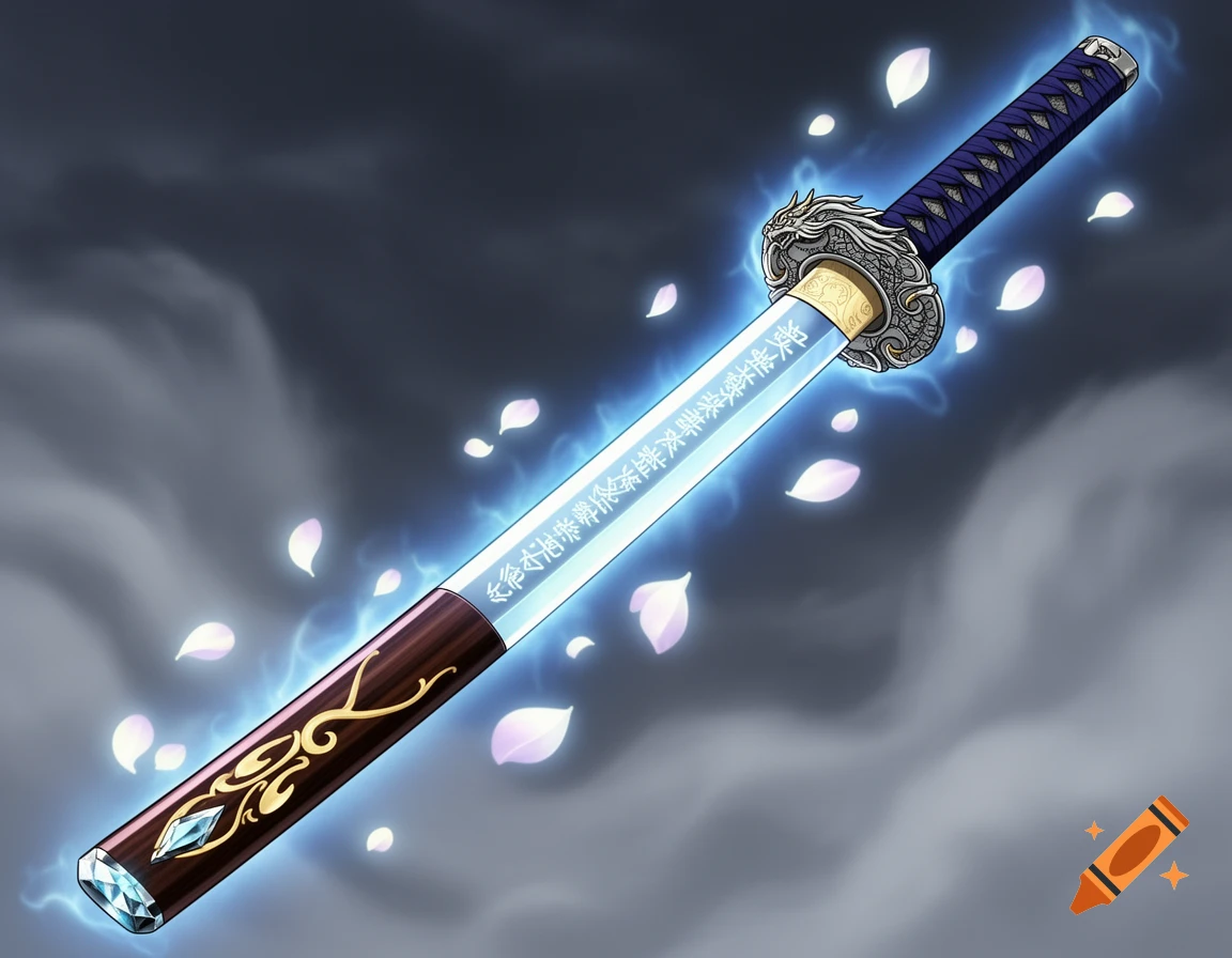 Anime illustration of a glowing blue magic katana with a dragon hilt and brown scabbard, surrounded by pink petals.