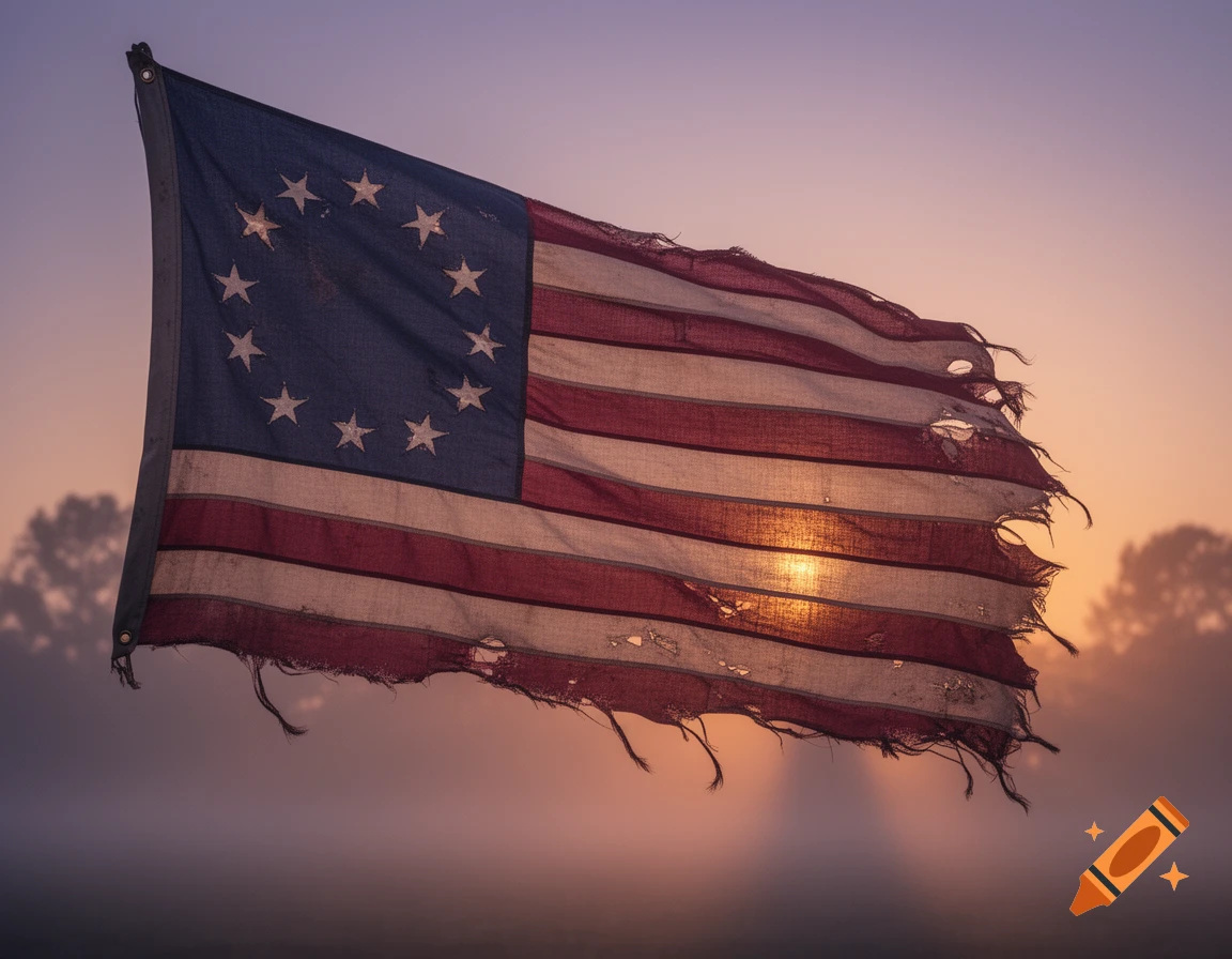 A tattered 13-star American flag, known as the Betsy Ross flag, waves against a misty sunrise sky with silhouettes of trees.