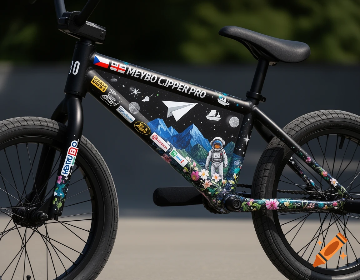 A black BMX bike with a custom space-themed wrap featuring an astronaut, mountains, stars, flowers, a paper plane, and a paper boat, with various sponsor stickers and the number 30 on the frame.