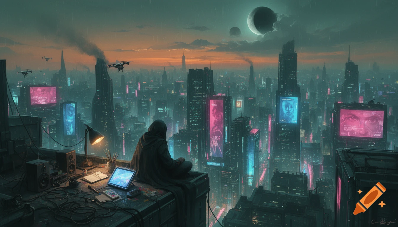 A hooded figure sits on a high rooftop overlooking a sprawling cyberpunk city at night, illuminated by neon signs and a large moon. The roof is cluttered with tech gear, creating a clandestine observation post. Drones fly above the misty, rain-slicked metropolis in a detailed, concept art style.