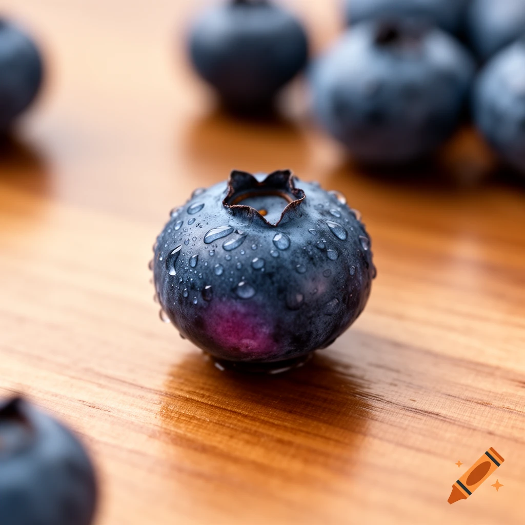 Close-up, photorealistic image of a fresh blueberry covered in water droplets, resting on a wooden surface with other blurred blueberries in the background.