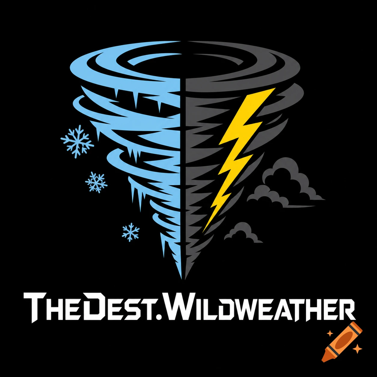 A vector logo featuring a tornado split in half, left side icy blue with snowflakes, right dark grey with a yellow lightning bolt, text 'TheDest.Wildweather' below.