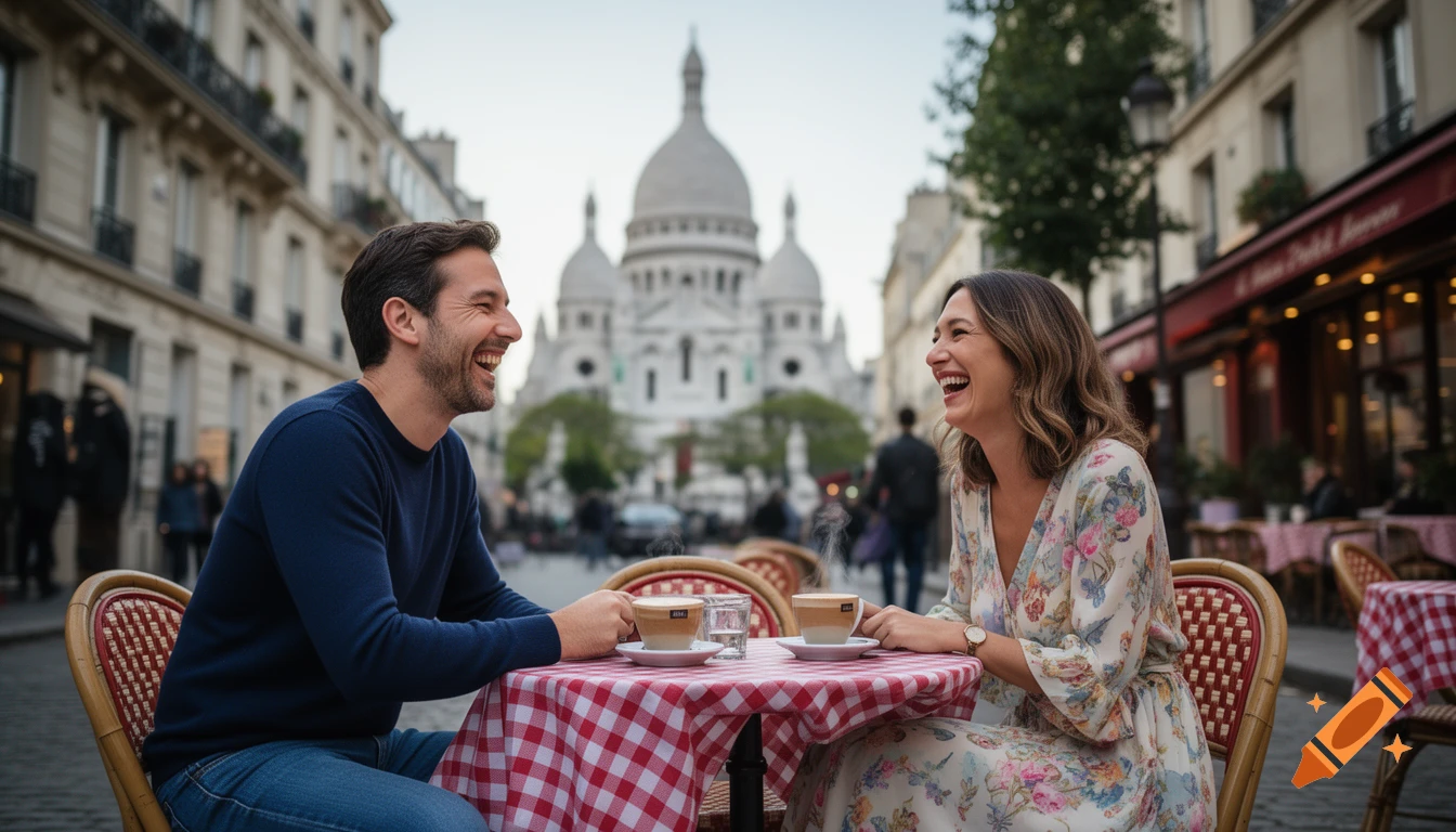 Photorealistic image of two friends, a man and a woman, laughing at an outdoor cafe in Montmartre, Paris, with Sacr C our in the background.