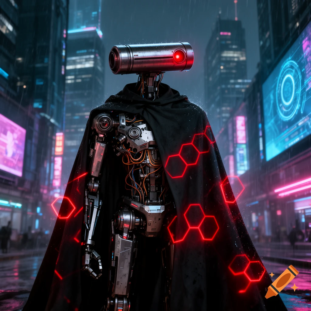 A detailed robot in a black cloak with red glowing hexagons stands in a rainy, neon-lit cyberpunk city.