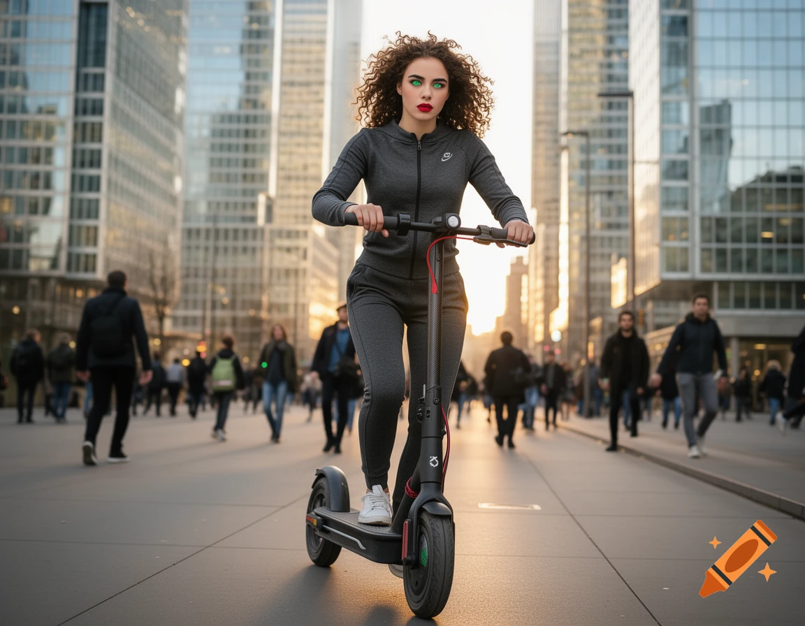 A sporty woman with curly hair and vivid green eyes rides an electric scooter through a bustling city square lined with modern skyscrapers.
