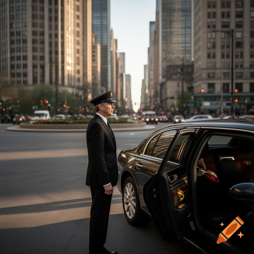 A chauffeur in a black uniform and cap stands beside an open black luxury car on a city street with tall buildings under a bright sky.