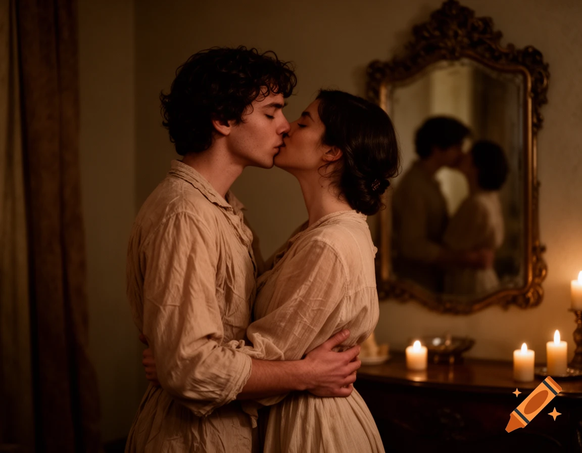 A couple in period attire shares a passionate kiss by candlelight, their reflections visible in a mirror in a dimly lit room.